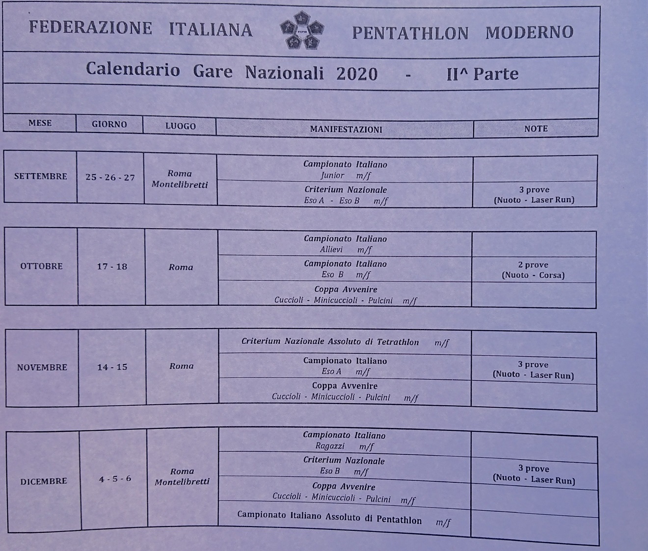 calendario gare 2020 pentathlon